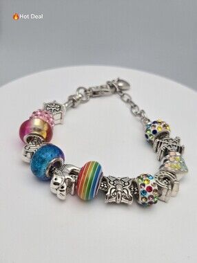Rainbow Glass Charm Bracelet Butterfly Elephant Cross Heart 8" Pandora Style